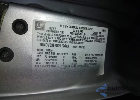 2005 Chevrolet Venture Plus from USA, damaged, VIN 1GNDV03E75D112649